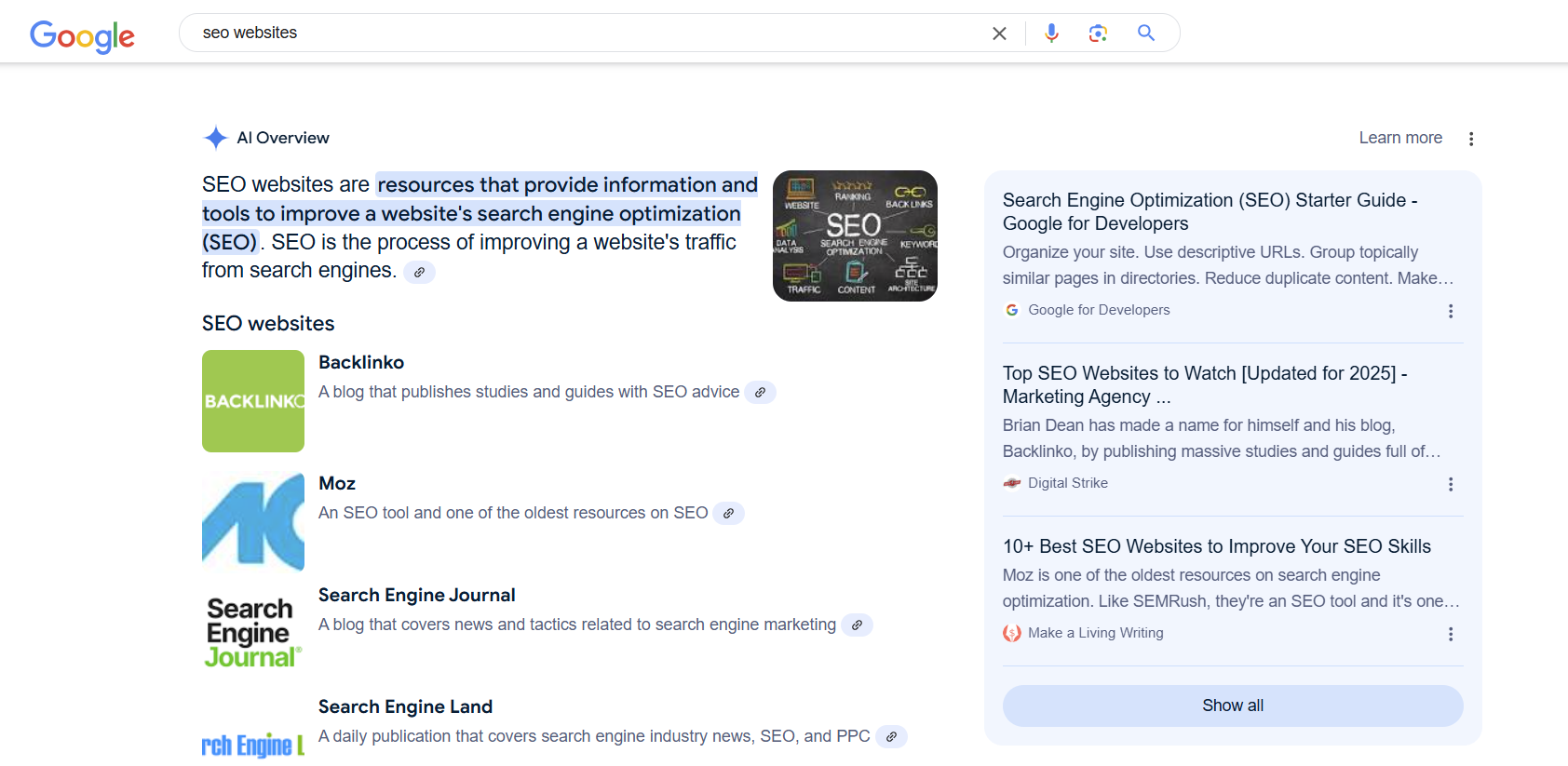 Screenshot of Digital Strike appearing in AI overview for “top seo websites” in Google search results on desktop. Generative engine optimization, or GEO, is one of many emerging digital marketing trends.
