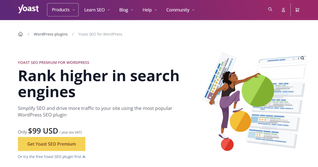 Homepage of Yoast.com, which allows people to download the free or premium version of YOAST, an SEO plugin for WordPress.