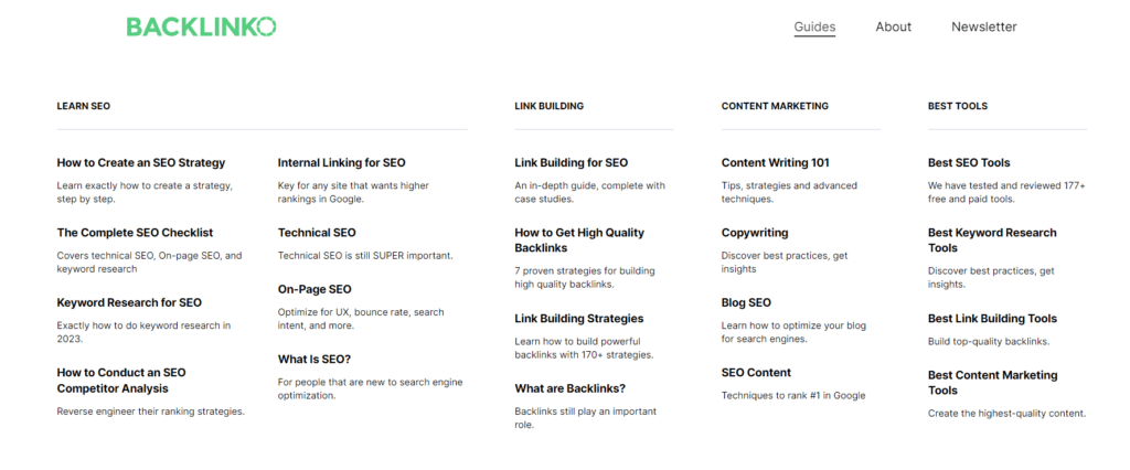 Backlinko SEO guides as shown on their homepage.