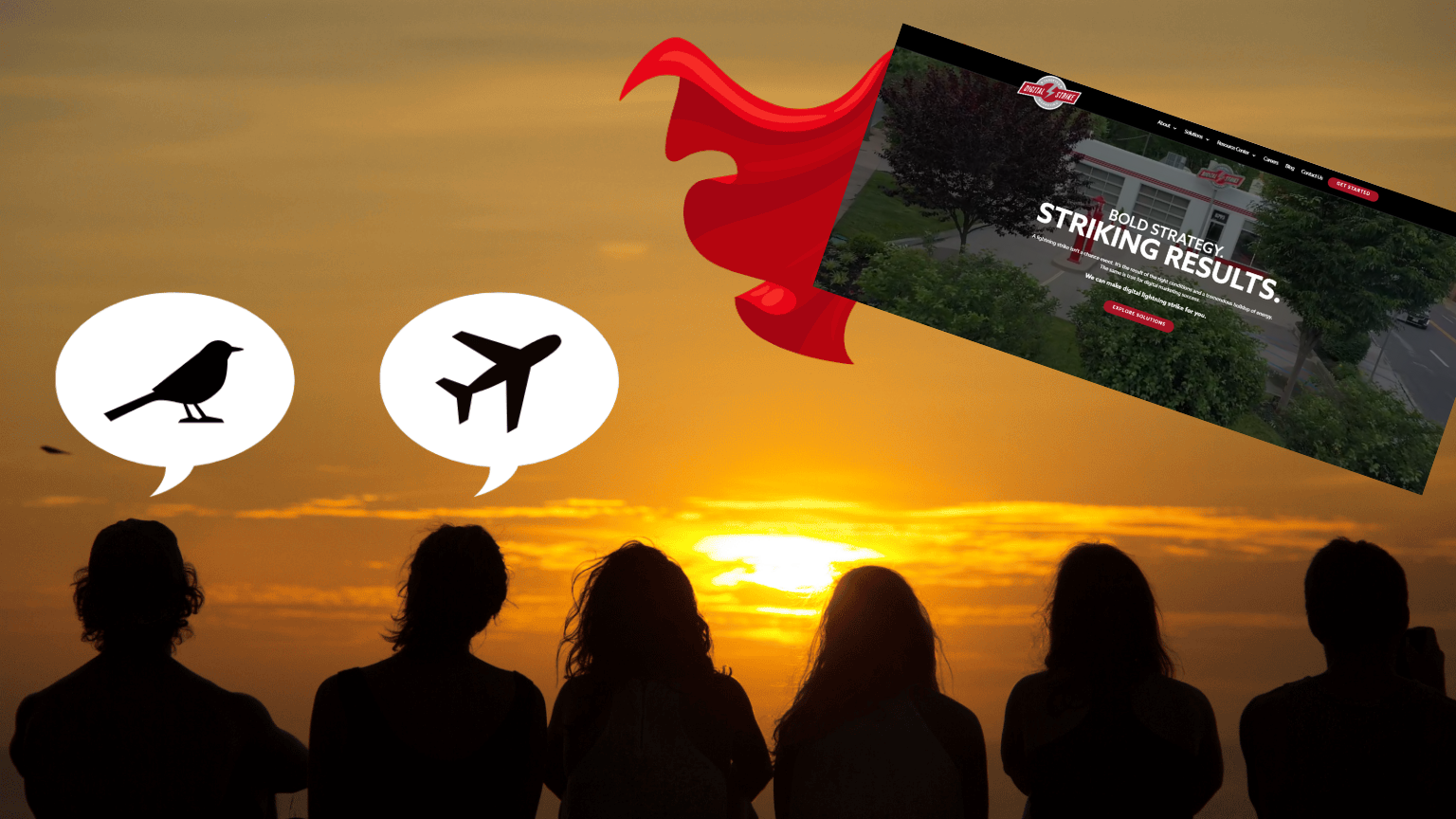 A group of people watch a website page fly by with a cape. Two people say "bird" and "plane". Play on the Superman joke, "It's a bird. No, it's a place. No, it's Superman!"