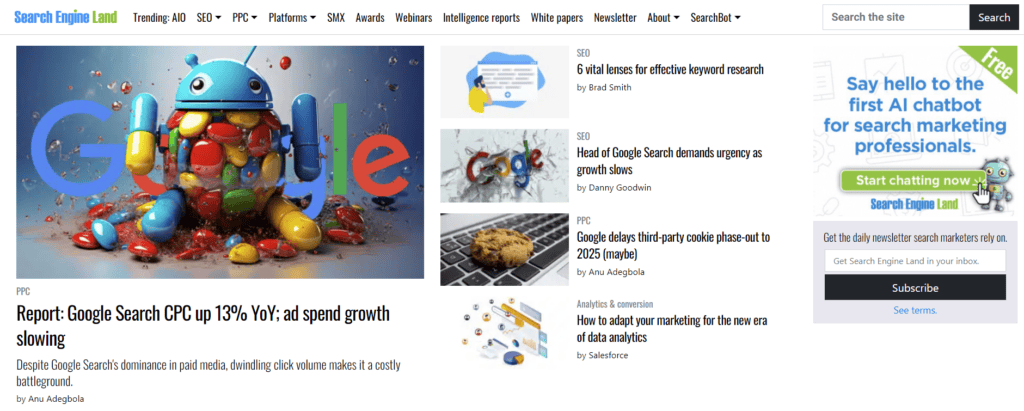 Home page of Search Engine Land website.