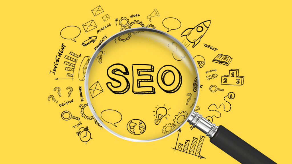 A magnifying glass overtop doodles and text saying "SEO". Yellow background. Represents concept of top SEO websites to look out for.