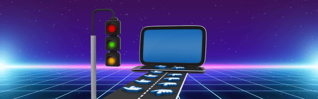 A stop sign with traffic going to a laptop, representing the concept of web traffic to a homepage.