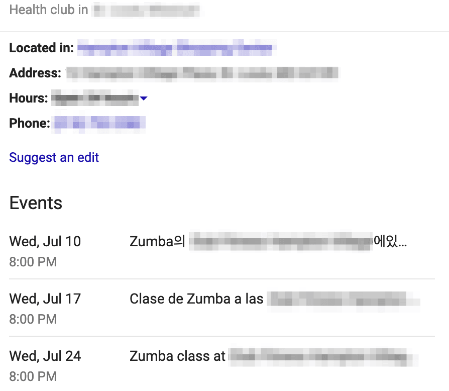 Gym events listing in Google My Business