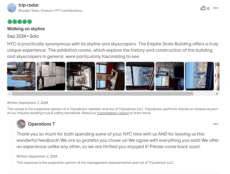 Screenshot of a positive Tripadvisor review for the Empire State Building.