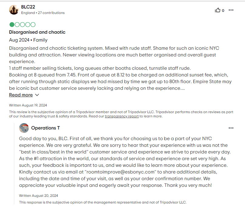 Screenshot of negative review on Tripadvisor for the Empire State Building.