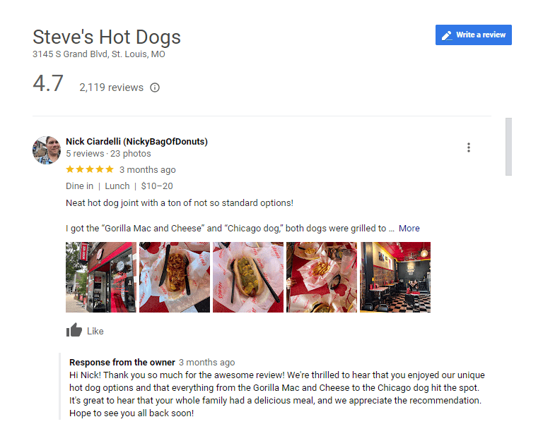 Screenshot of positive Google review for the STL-based restaurant Steve's Hot Dogs.