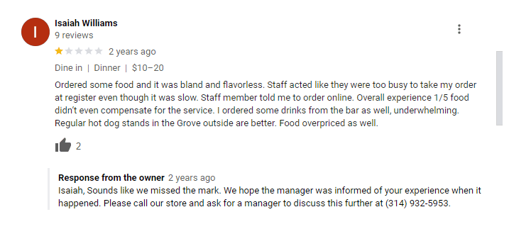 Screenshot of a negative Google review for the St. Louis-based restaurant Steve's Hot Dogs.