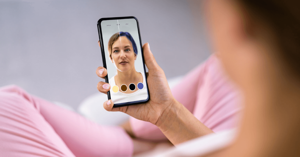 A woman uses a filter on her phone, powered by artificial intelligence and augmented reality technologies, to see what she would look like with blue hair.