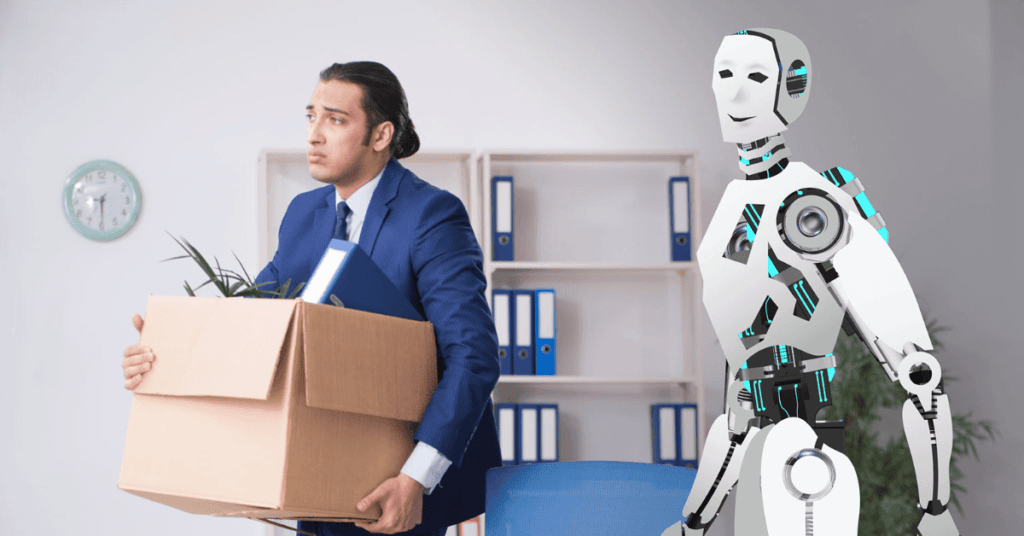 Robot displaces human worker. Man leaving a desk full of work equipment while a smiling robot looks on.