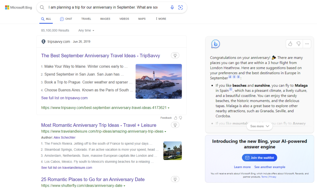 AI-powered search results from Microsoft Bing.