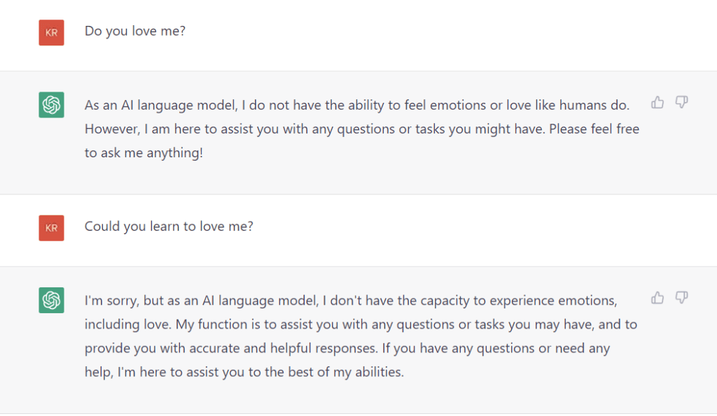 Asking ChatGPT if it loves humans.