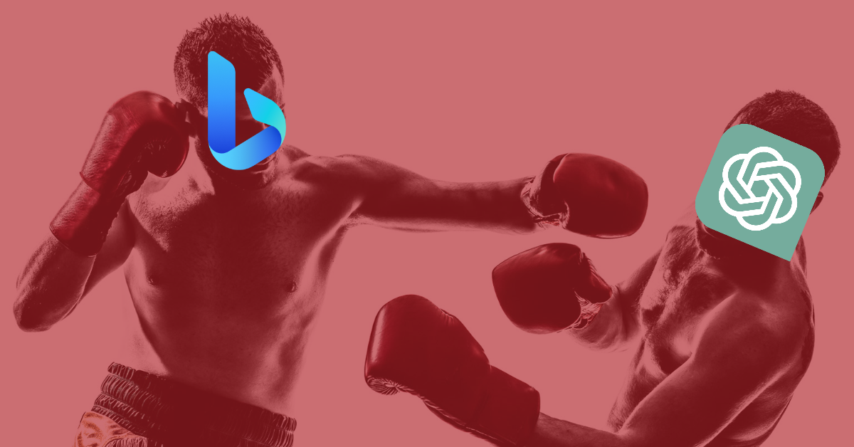 Is Bing AI better than ChatGPT? An image of two boxers overlaid with Bing and ChatGPT's logos illustrates this concept.