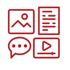 Concept creation icon, represented by icons for text, videos, word-processing documents, and images.