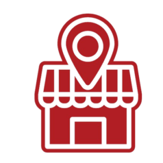 A red building with a location icon above, symbolizing a Google My Business listing for local SEO.