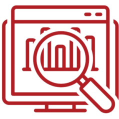 Clipart of a magnifying glass over a graph on a computer screen, symbolizing SEO keyword research and an SEO site audit.