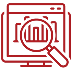 Clipart of a magnifying glass over a graph on a computer screen, symbolizing SEO keyword research and an SEO site audit.