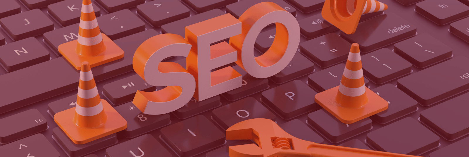 "SEO" in block letters placed overtop a keyboard, surrounded by traffic cones and a wrench to symbolize the concept of technical SEO services. Tinted in Digital Strike - Targeted Marketing brand red.