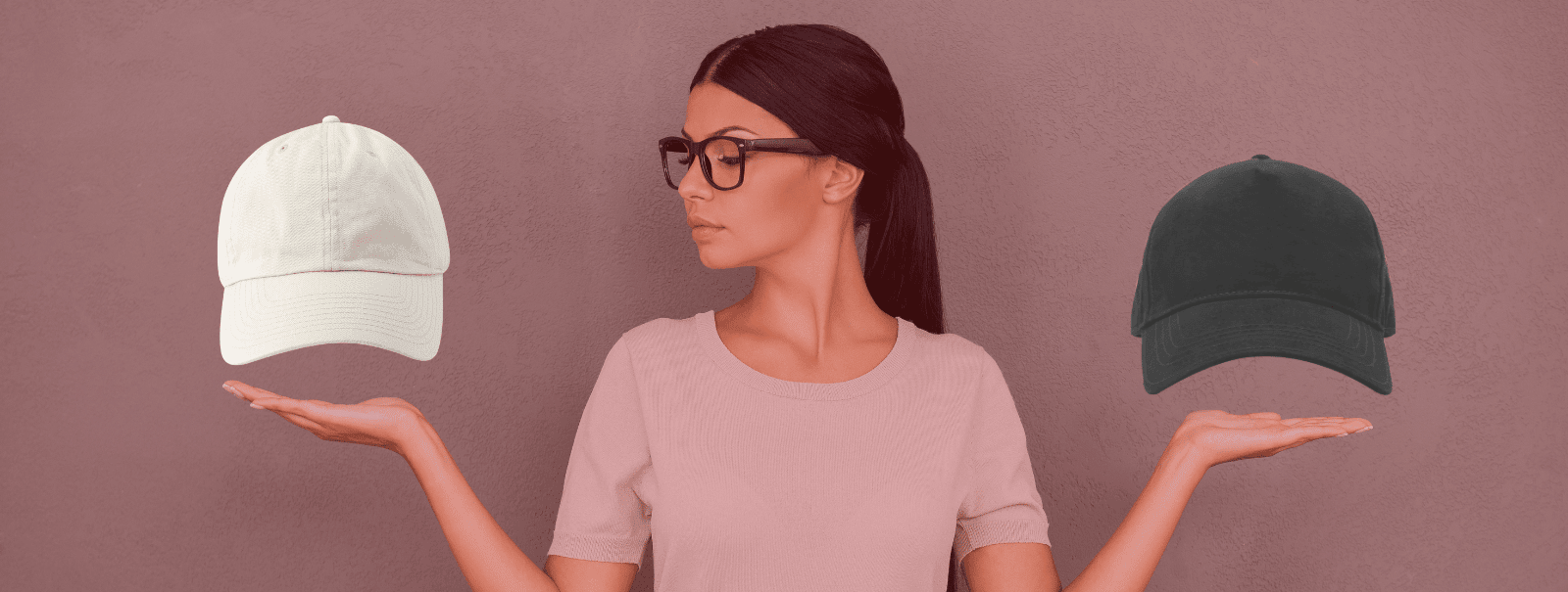 A woman makes a choice between a white hat or a black hat, symbolizing the concept of white hat SEO link-building practices vs black hat link-building SEO practices. Background has a red tint.