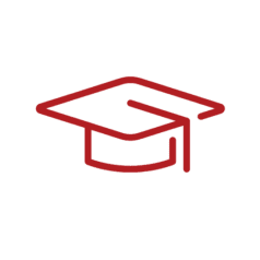 Red clipart of a graduation cap that represents the concept of universities and academia.