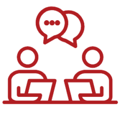 Red clipart of two business people reviewing information while talking to each other (displayed with speech bubbles). Represents the concept of business consulting.