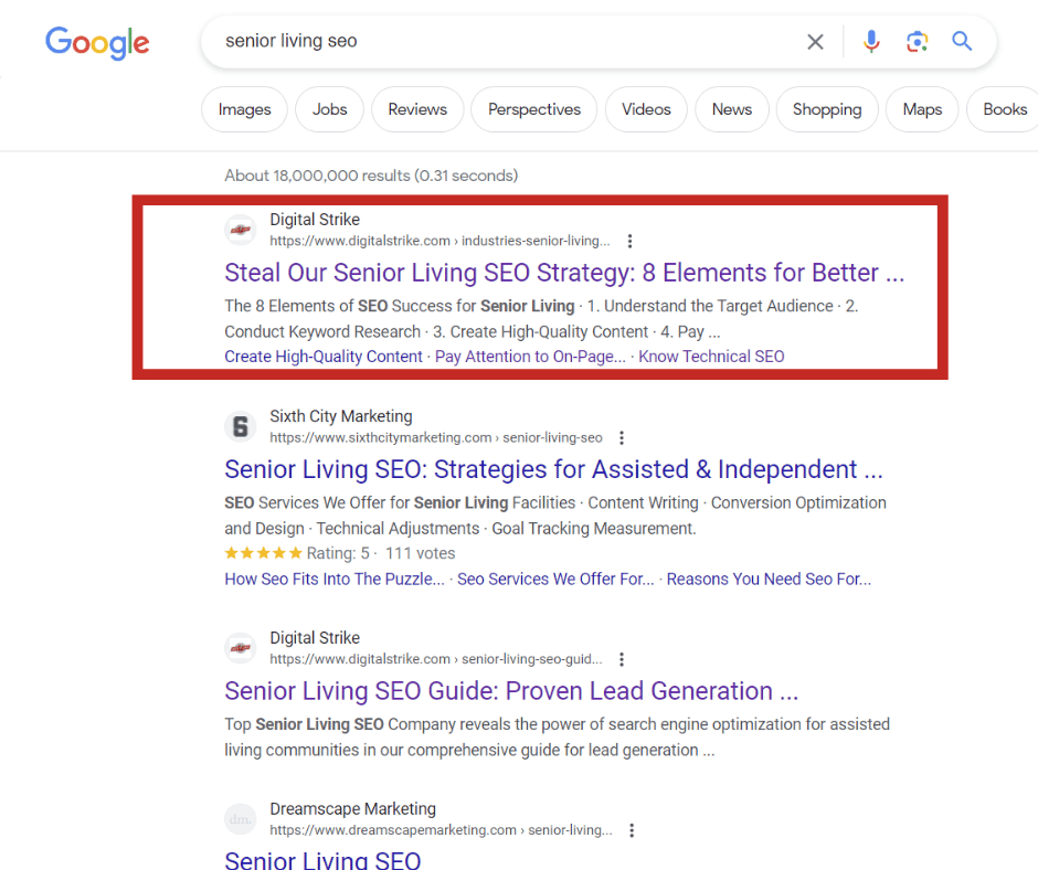 AI or human text results of Digital Strike case study: human-generated piece comes out on #1, AI piece on #3 Google SERP results desktop.