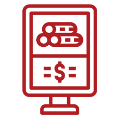 Red clipart of a desktop screen with cylinders on top and a US dollar sign on the bottom to represent the concept of display ads.