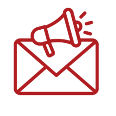 Red clipart of a megaphone over an envelope, representing the concept of email marketing.