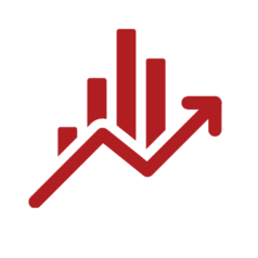 Red clipart of a rising arrow overtop bars, representing the concept of business growth due to paid digital marketing services.