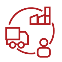 Red clipart of a cyclical process of industrial distribution, with processes flowing from plant to truck to person.