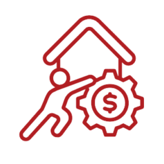 Red clipart of a person pushing a mechanical cog that has a US dollar sign inside of it in the foreground. Background shows a house. Represents the concept of mortgage lending.
