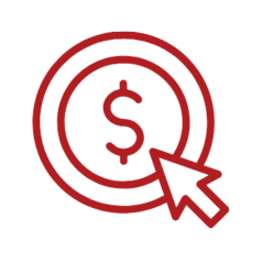 Red clipart of a cursor hovers over a US dollar sign inside two concentric circles, representing the concept of paid search advertising/PPC campaigns.