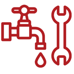 Red clipart of a leaking pipe and wrench, representing the concept of plumbing.