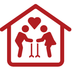 Red clipart of an elderly couple using canes inside a building; a heart is over their heads. Represents the concept of senior living.