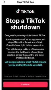A screenshot from the TikTok app that says "Stop a TikTok Shutdown" and asks users to call their representatives. A red CTA button at the bottom that reads "Call Now"