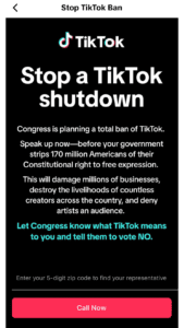 A screenshot from the TikTok app that says "Stop a TikTok Shutdown" and asks users to call their representatives. A red CTA button at the bottom that reads "Call Now"