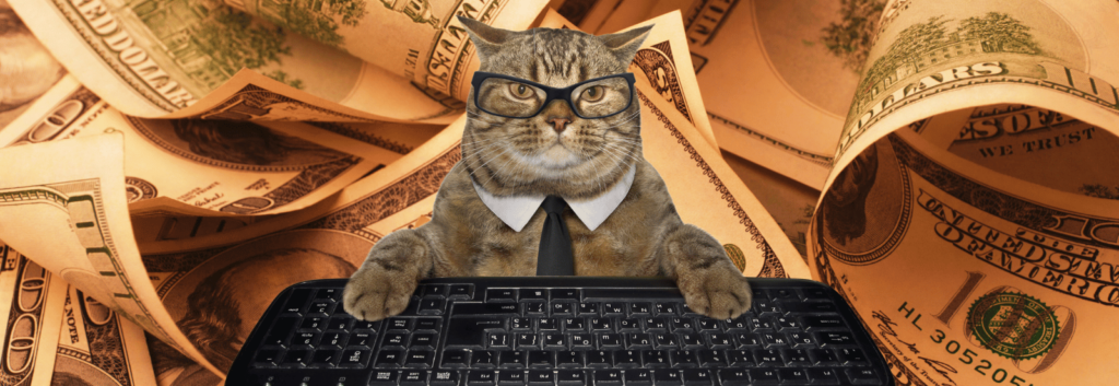 Financial benefits of programmatic advertising represented by a cat in a tie typing on a keyboard in front of a pile of money.