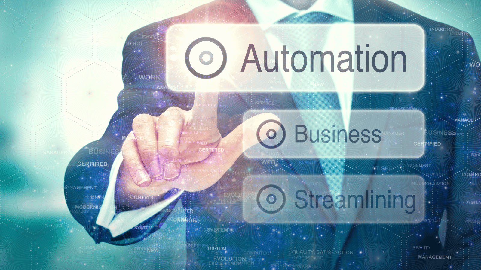 A white man in a suit points to a floating text box that says "Automation." It floats above two other text boxes saying "Business" and "Streamlining." Represents the concept of programmatic advertising benefits.