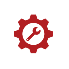 Red icon of a wrench inside a cog. Represents the concept of technical SEO.