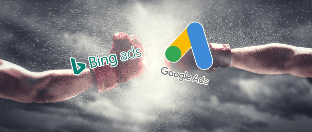Two boxing gloves with the Bing Ads and Google Ads overtop each glove. Represents the concept of Google Ads vs Bing Ads.