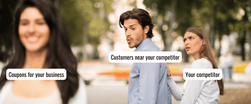 A generic “distracted boyfriend” meme, where a heterosexual couple holding hands passes by a beautiful woman. The man turns his head away from his girlfriend to look at the passing woman, much to his girlfriend’s upset. Over the passing woman is the text “Coupons for your business.” Over the man is “Customers near your competitor.” Over the girlfriend is “Your competitor.” Meme represents the concept of using geofencing marketing to draw customers away from competitors and into your own business.