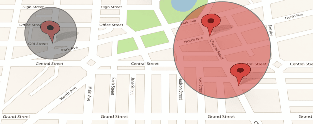 Example of two separate geofences around physical locations.