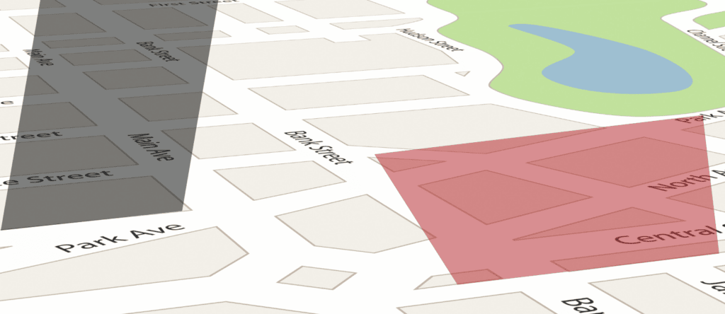 Two geometric outlines overlay a Google Maps layout to represent the concept of geofencing marketing.