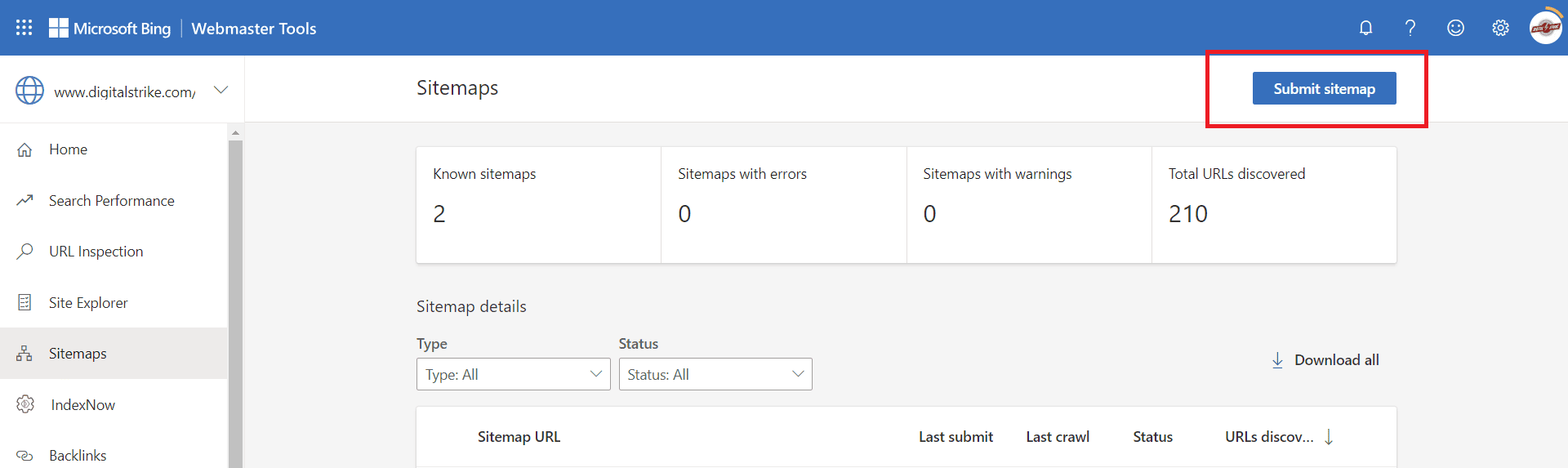 Screenshot of Microsoft Bing Webmaster Tools dashboard. Shows submission button for sitemaps.
