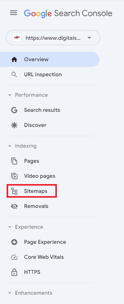 Screenshot of Google Search Console dashboard column with highlight over the Sitemap option.