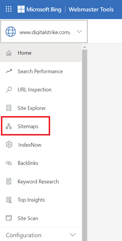Screenshot of Bing Webmaster Tools. Column showing Sitemap tools.