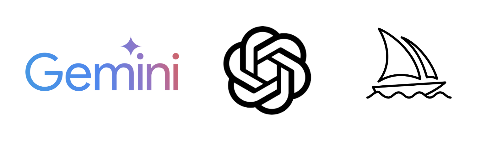 Logos for Gemini, ChatGPT, and Midjourney, all examples of generative AI engines.
