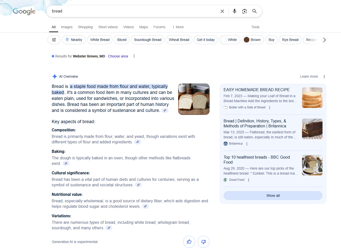 A screenshot of Google AI overviews for the search query "bread".