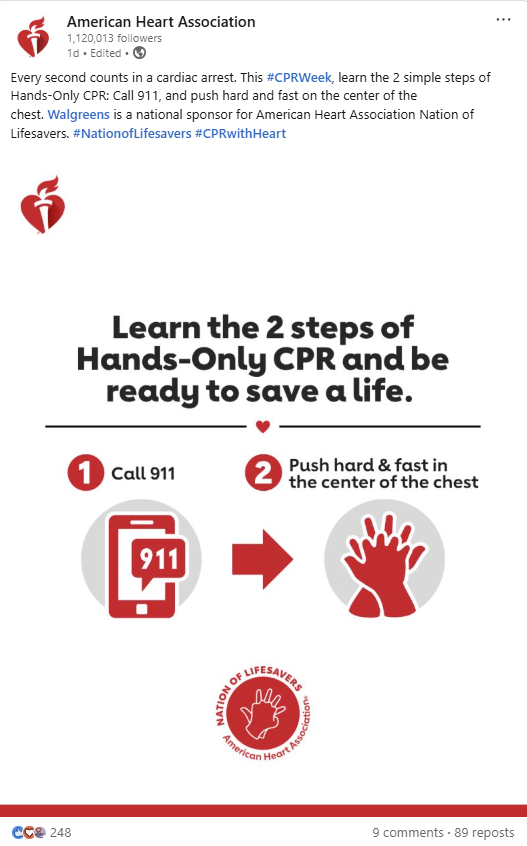 Screenshot of American Heart Association post on LinkedIn
