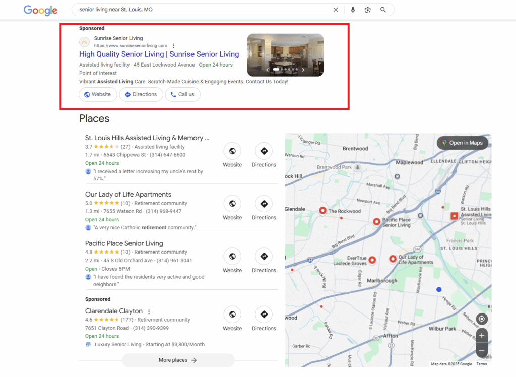 Screenshot of sponsored results on Google for the search query "senior living near St. Louis, Missouri"